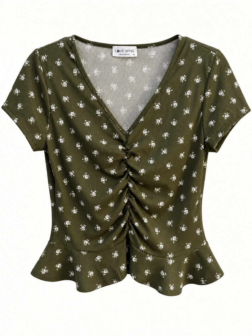 Love Wins Olive Green Floral Ruched Ruffle Top — XL